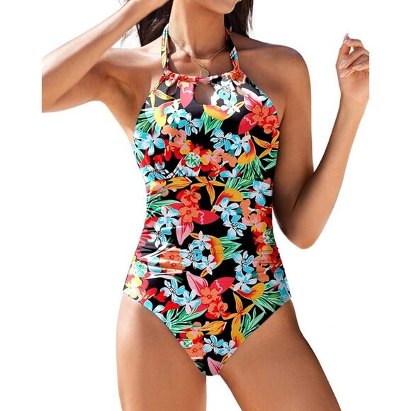 👙 AI'MAGE Floral Tummy Control Swimsuit Cutout Back Size L -NWT - Picture 1 of 6